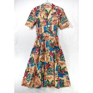 Vintage Terri Ellen Dress 12 Multicolor Midi Tropical Hawaiian Cotton Pockets